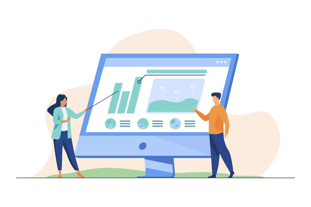 Professionals analyzing charts on computer monitor