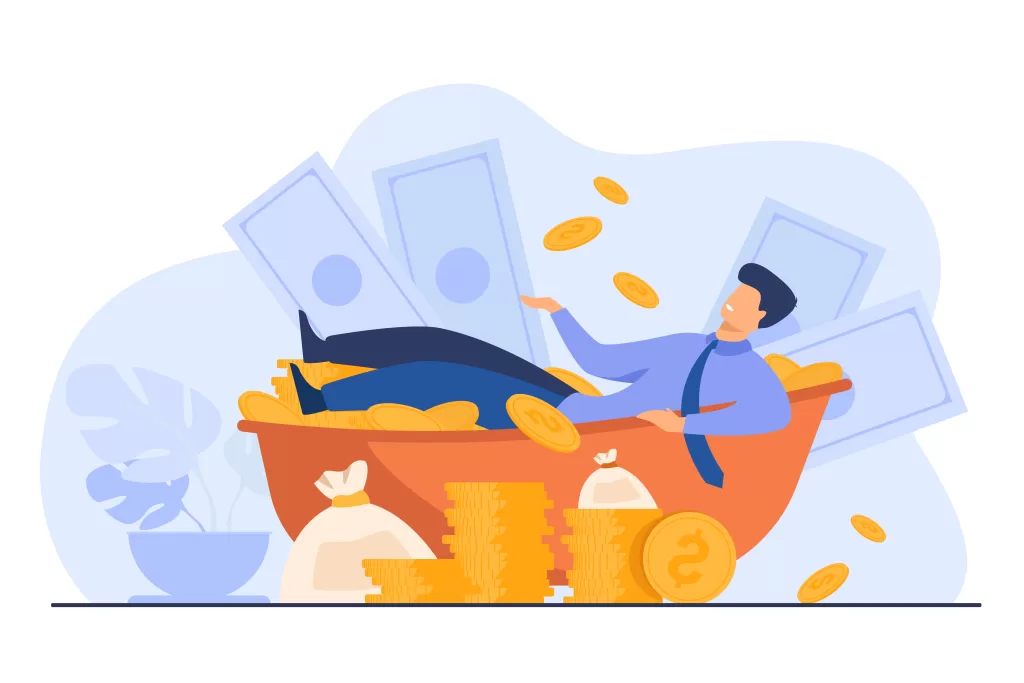 Happy millionaire taking bath with cash. Rich man and huge heap of money. Vector illustration for financial success, successful businessman, wealth concept