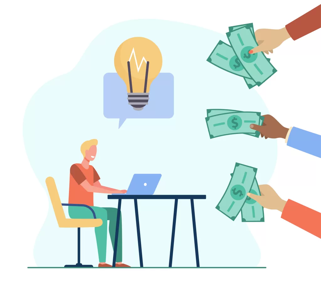 Cheerful guy earning money for his idea. Specialist, laptop, freelance flat vector illustration. Business and financial independence concept for banner, website design or landing web page