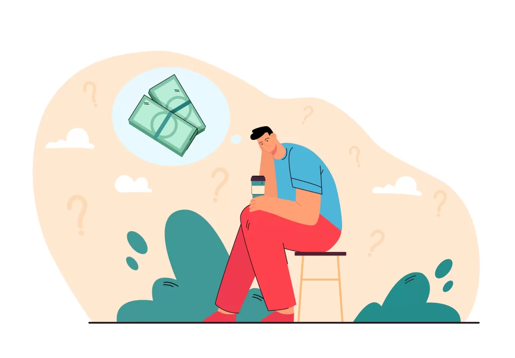 Sad bankrupt thinking of money problems over cup of coffee. Person having debts and financial troubles, feeling depression. Vector illustration broke businessman, poverty, unemployed man concept