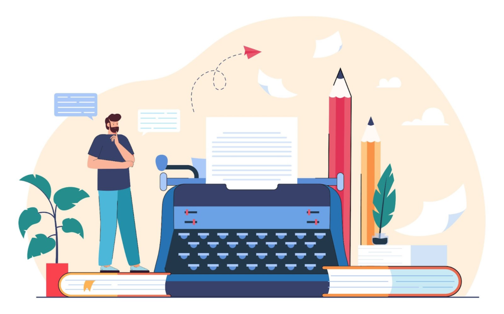 Free vector tiny male author or screenwriter writing story or movie script. screenplay writer, vintage typewriter with paper flat vector illustration. creativity, journalism concept for banner or landing web page